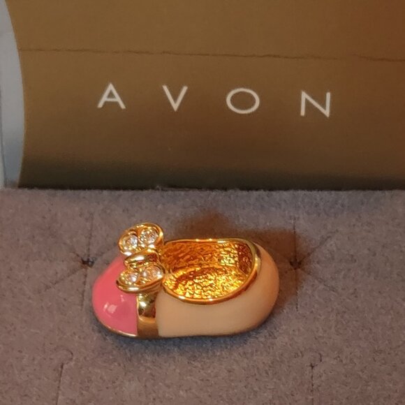 Vintage 90s Avon Signed Baby Girl Bootie Lapel Tac Pin Enamel Pink Rhinestone - Picture 1 of 5